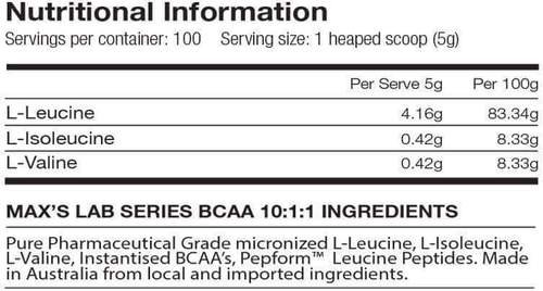 BCAA 10:1:1 by Max’s Protein 500g – Unflavoured - Image 2